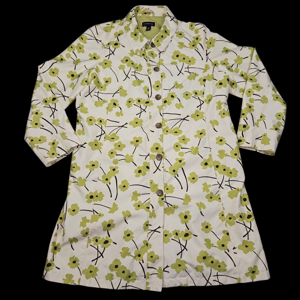 Lands End Floral Button Front Trench Coat Jacket Green Cream Sz XL 18-20